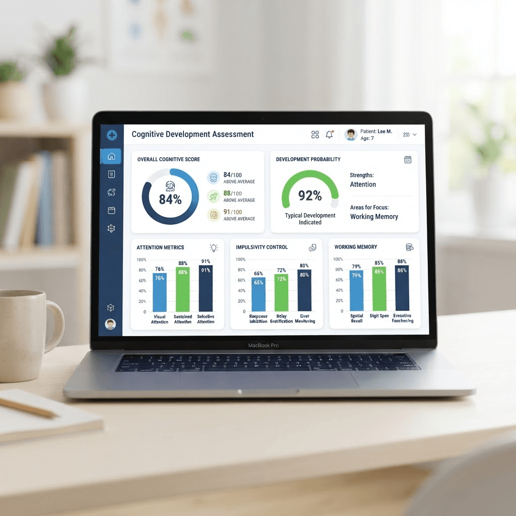 Exemplo de relatório do MindFocus com gráficos de métricas cognitivas e probabilidade de diagnóstico